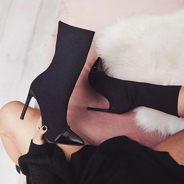 Stretch Fabric Short Ankle Boots Women Pointed Toe High Heels