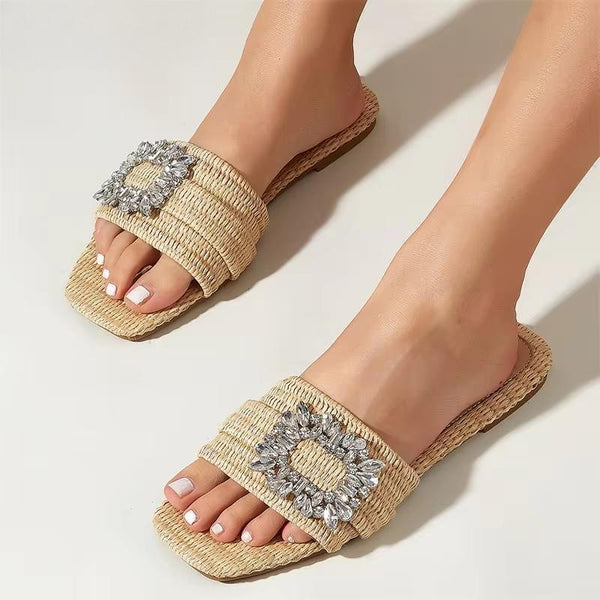 Sandalias de verano con purpurina y diamantes de imitación para mujer, con suela plana y cristales brillantes