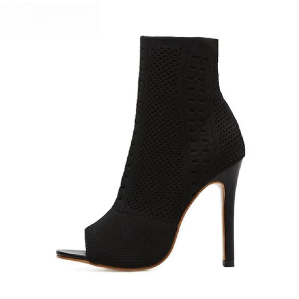 Botines de diseño de primavera para mujer, con punta abierta, de tejido elástico