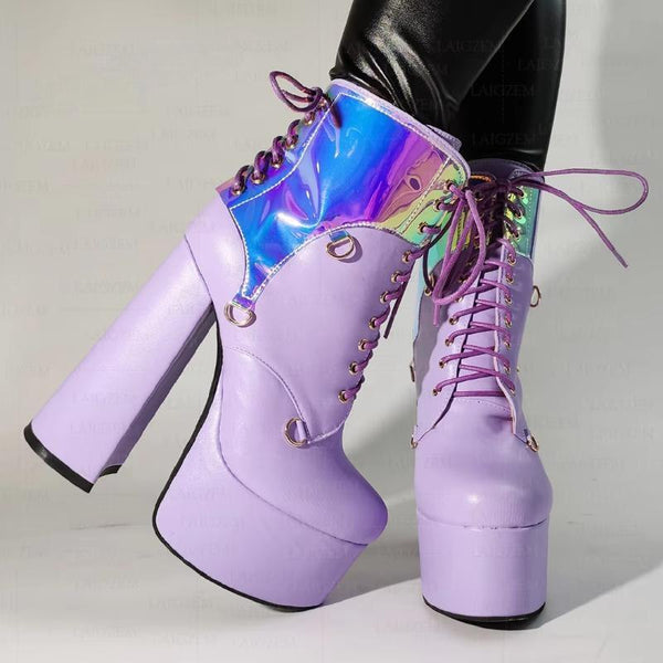 Women Ankle Boots Faux Leather Platform Chunky Block Heels Lace Up Short Boots