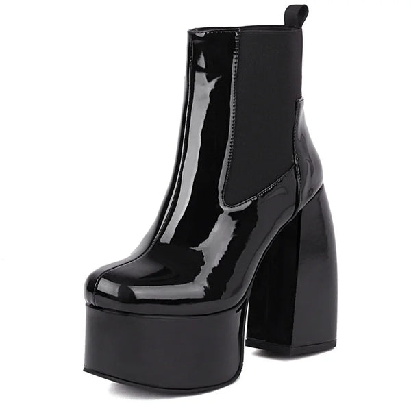 Women Round Toe Black Patent Leather PU Ankle Platform Boots Thick High Heel