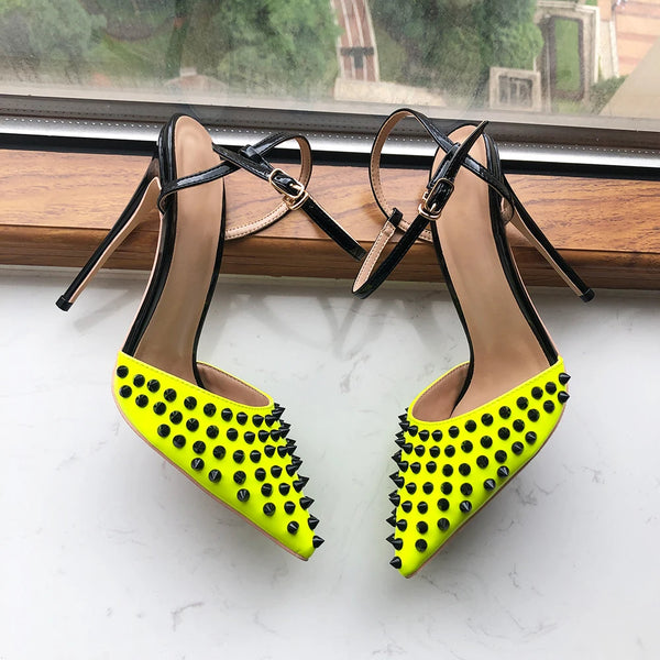 Zapatos de tacón alto con tiras al tobillo para mujer, color verde limón y negro, para verano