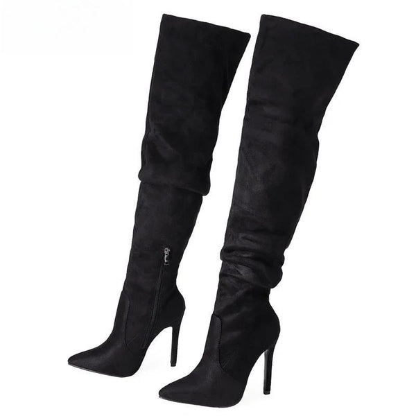 Fashion Pleated Pointed Toe Zip Thigh High Boots Female Stiletto Heels
