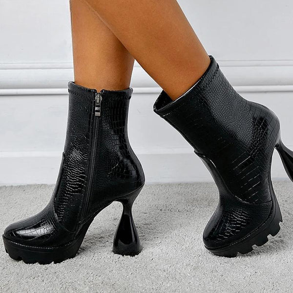 Botines de plataforma de moda para mujer, punta redonda romana, estilo extraño, tacones gruesos