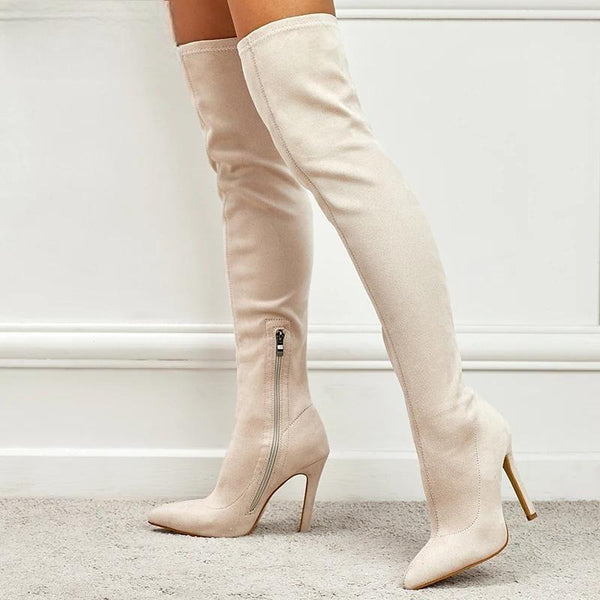 Botas por encima de la rodilla con punta puntiaguda y tacones finos para mujer, botines sexys aterciopelados hasta el muslo