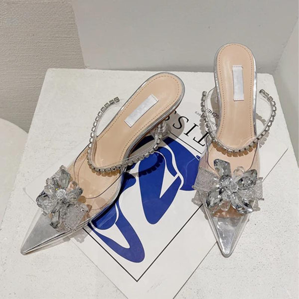 Sexy Silver String Bead Crystal Buckle Women Pumps Pointed Toe Low Heels