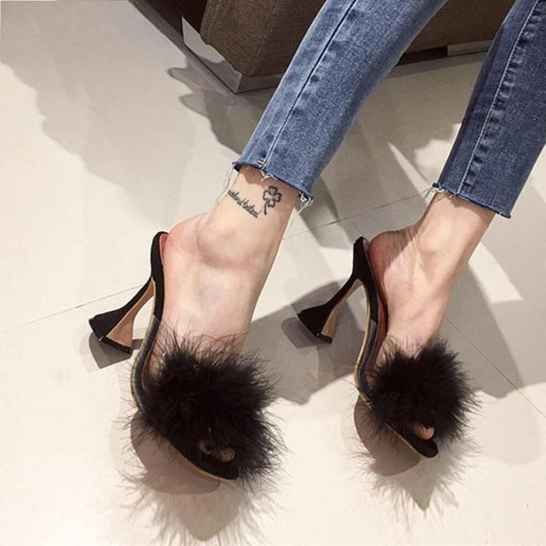 Sandalias de piel con tacón alto y plumas para mujer, mulas de punta cuadrada, zapatos de tacón para mujer