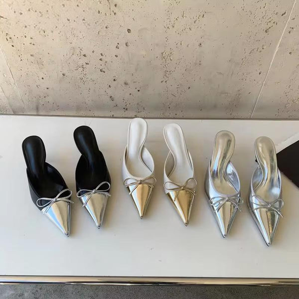 Spring New Pointed Toe Women Slipper Fashion Butterfly-knot Shallow Slip On Ladies Mules Shoes