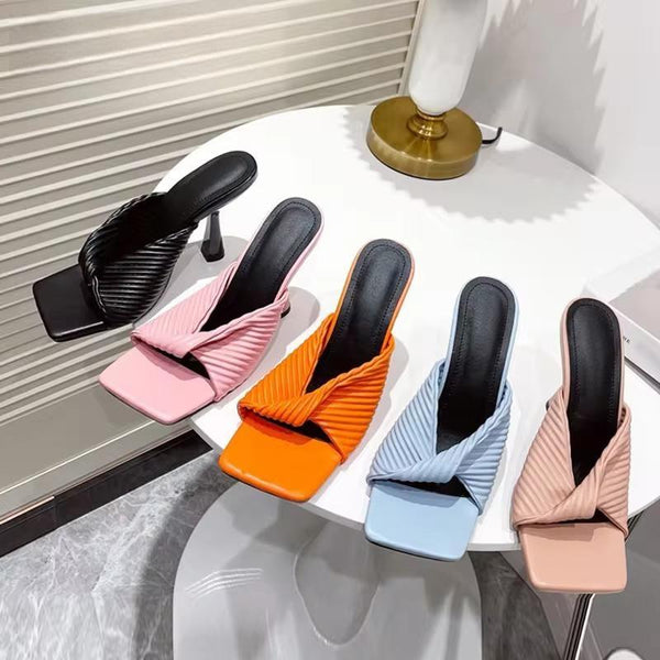 Nuevas pantuflas plisadas de verano para mujer, de color naranja, a la moda, elegantes, finas y de tacón alto.