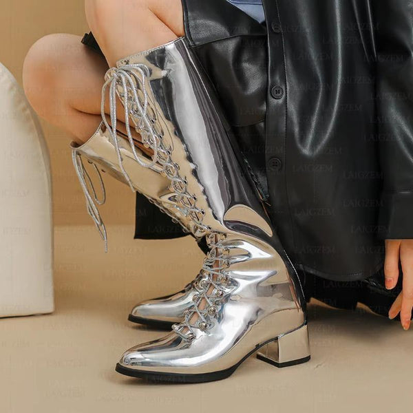 Women Knee High Boots Shiny Back Zip Up 5CM Block Square High Heels Boots