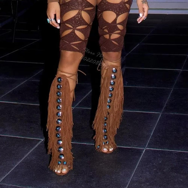 Fringe Cross-tied Stilettos Sandals Decor Back Straps Lace-up Thin High Heels Women Fashion Shoes Bohemian