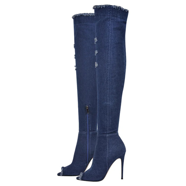 Denim Peep Toe Knee High Boots Side Zipper  Stiletto