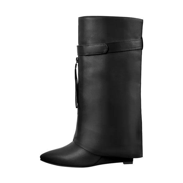 Botas altas hasta la rodilla para mujer, punta puntiaguda, tacón de cuña negro y rojo, botas plegables mate