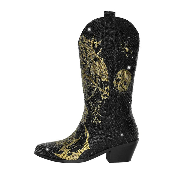 Women Rhinestone Handmade Mid-calf Western Boots
