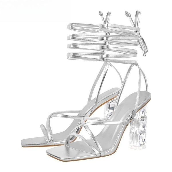 Women Sandals Butterfly-knot Rhinestone Strappy  Chunky Heels