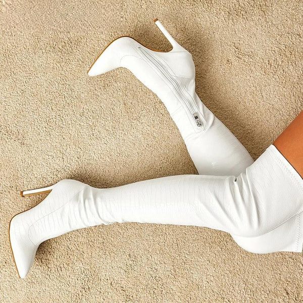 Botas por encima de la rodilla de piel con punta puntiaguda y estampado de serpiente sexy para mujer