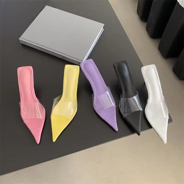 Zapatillas de verano de PVC transparente con tacón fino y punta puntiaguda para mujer