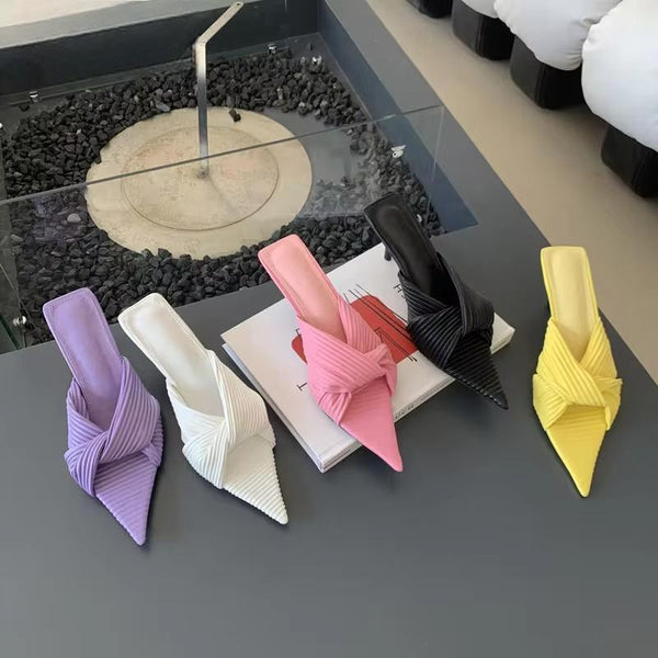 Sandalias plisadas de verano para mujer, con tacón bajo, punta estrecha, sexys, para fiesta