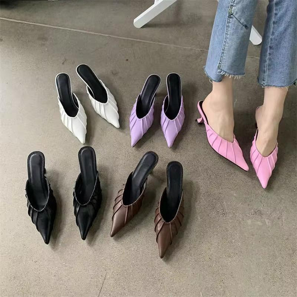 Zapatillas de mujer de punta puntiaguda, de moda, color morado y rosa, informales, concisas, finas y de tacón bajo.