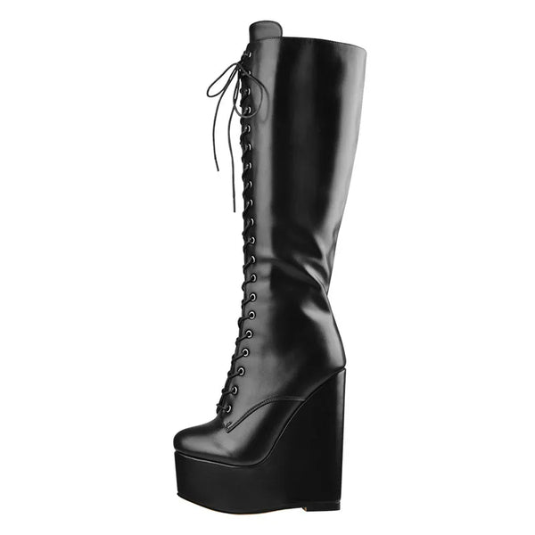 Platform Wedge Heels Knee High Boots Lace Up  Side Zip Heeled Plus Size Black Handmade Boots