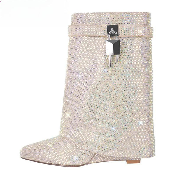Rhinestone Fold Over Lock Shark Skirt Boots Pointed Toe Heel Thick High Heel Female Booties