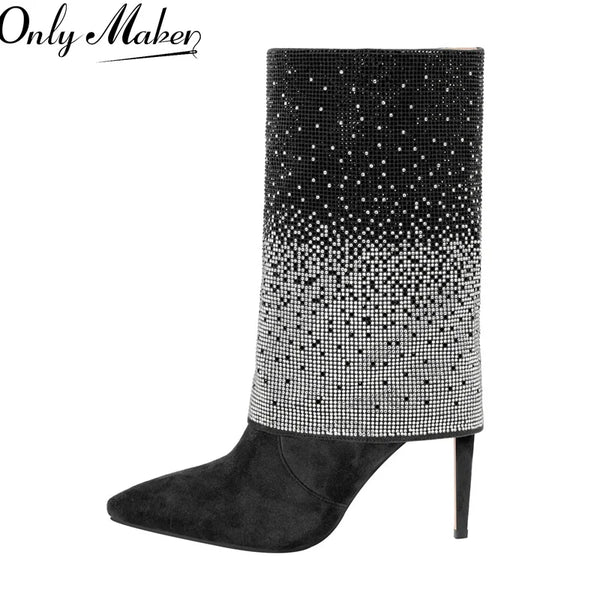 Women Rhinestone Fold Over Mid-Calf Trouser Tube Slip-On Boots