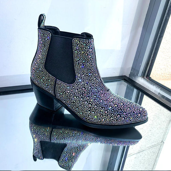 Rhinestone Pointed Toe Ankle Boots Silver Glitter Bling Shiny Super Pretty Sparkly Gorgeous Cowgirl Boots