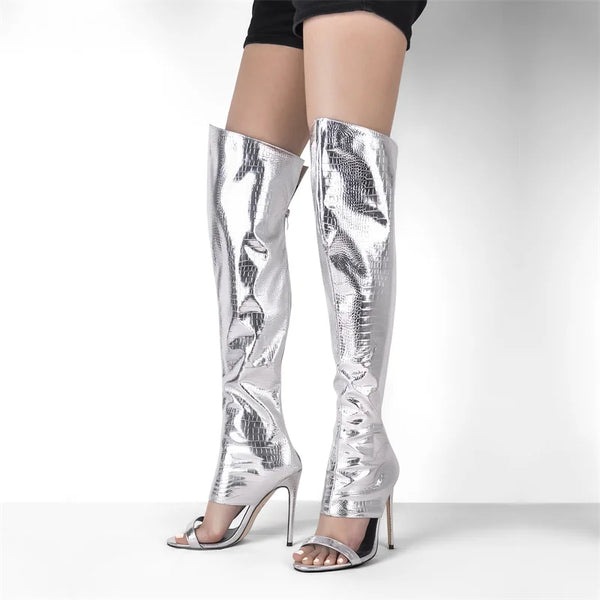 Botas de verano plateadas con tacón de aguja, cremallera y punta abierta de cocodrilo para mujer
