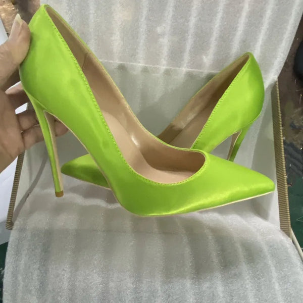 Women's high heels comfortable  elegant Light green satin pointed shoes