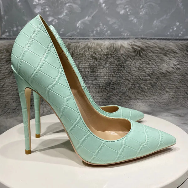 Saros puntiagudos para mujer de 12 cm, tacones con estampado de cocodrilo