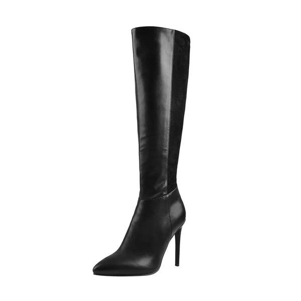 Botas altas hasta la rodilla de ante con parches negros mate y punta puntiaguda para mujer