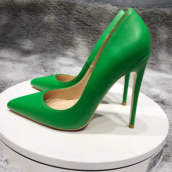 Green solid pointed women high heels