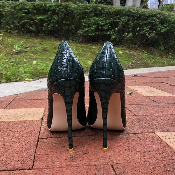 Dark Green Women Crocodile Effect Pattern Stiletto Pumps