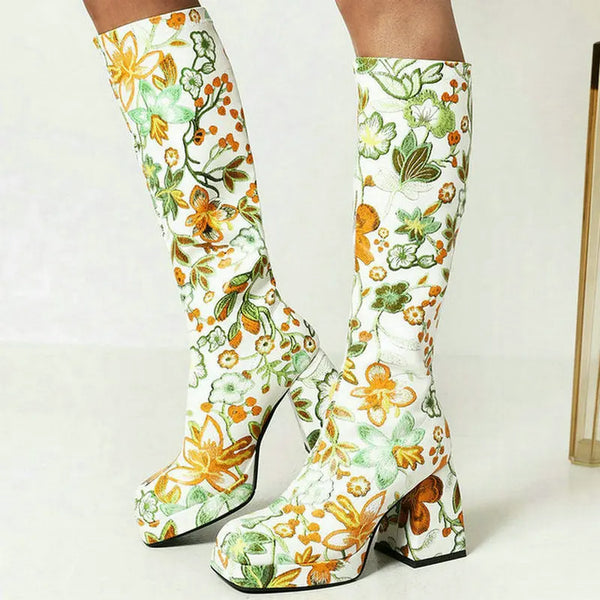 Women Knee High Boots Platform Thick High Heel Ladies Calf Boots