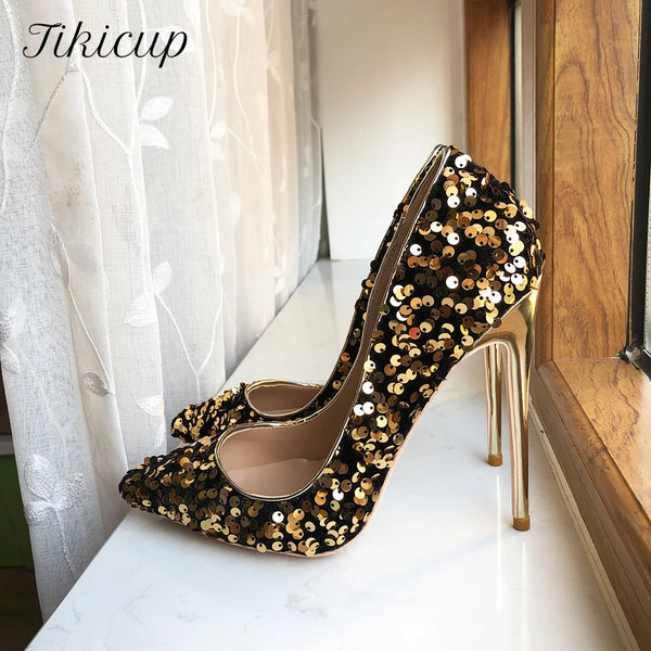 Shiny Sequins Women Bling High Heels Slip On Party Wedding Shoes
