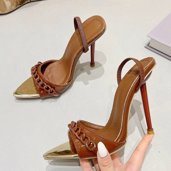 Sandalias de gladiador de verano de 11 cm para mujer, con cadena negra y roja, de diseñador y tacones altos.