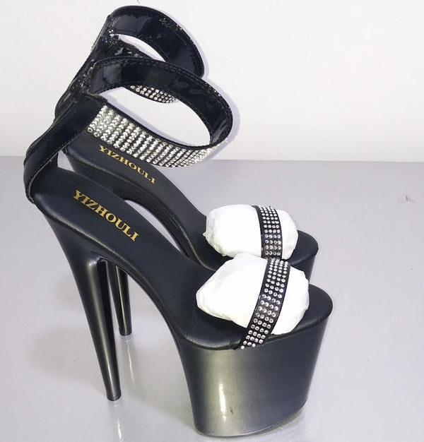 Sandalias negras sexys de tacón alto de 20 cm con punta abierta y tacones de aguja de 8 pulgadas y diamantes de imitación.