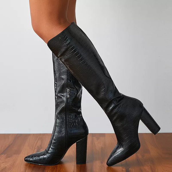 Winter Knee High Boots Women Black Square Heels