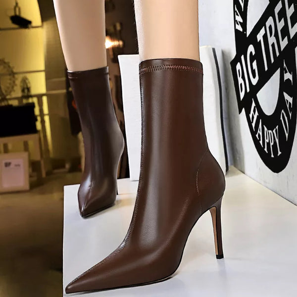 Botas de cuero para mujer, botines de otoño e invierno, botas cortas de tacón alto para mujer