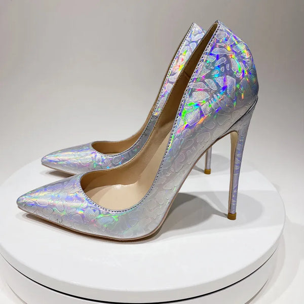 Tacones altos puntiagudos y brillantes de 12 cm con tacón delgado y sexy para mujer