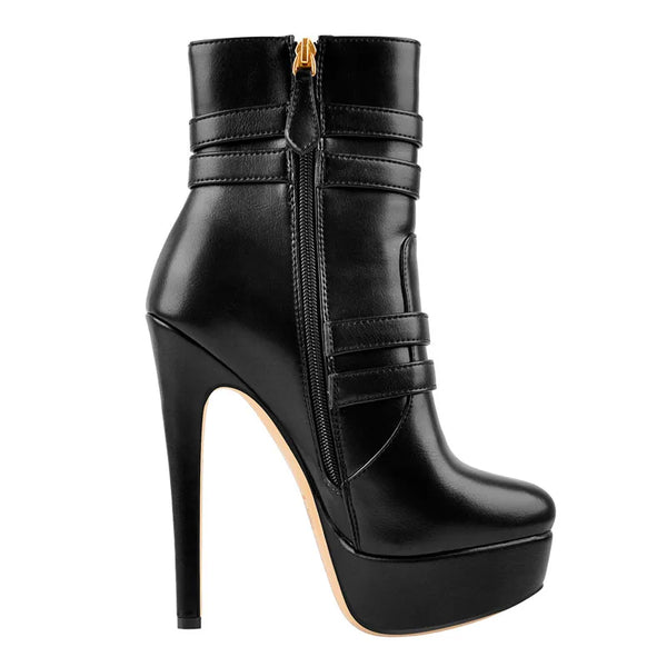 Platform Black Matte Ankle Booties Side Zip Metal Plates Buckle Big Size Stilettos Short Boots