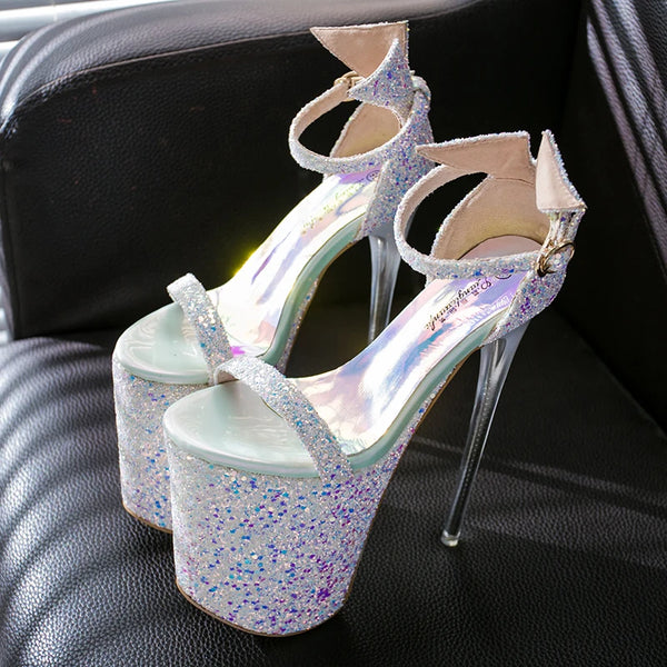 Sandalias fetiche con tacón de aguja y lentejuelas de 20 cm para espectáculos nocturnos.