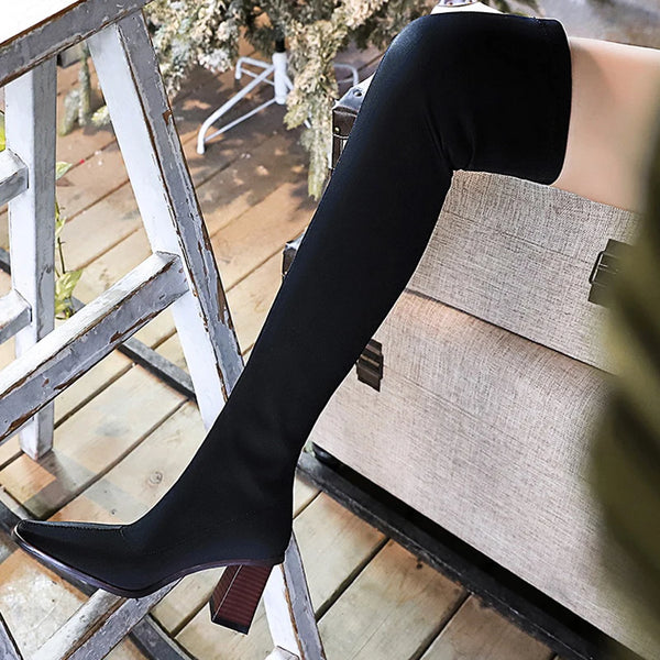 Lycra Sexy Over-the-knee Boots Women Stretch Boots Pointed Toe High-heel Boots