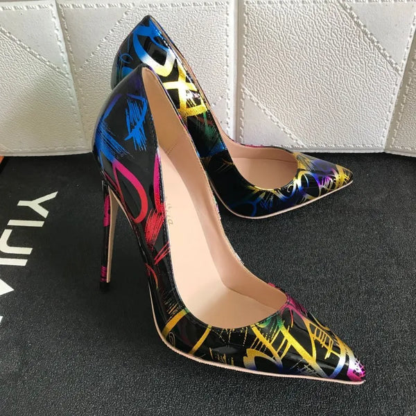 12cm women's black graffiti high heels  sexy shoes with artistic