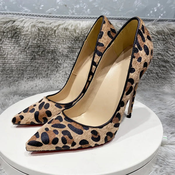 Zapatos de caña alta sexys de 12 cm con estampado de leopardo y crin marrón para mujer