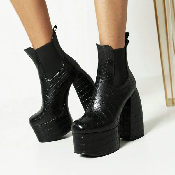 Botas de plataforma de PU estilo punk con tacón grueso y banda elástica.