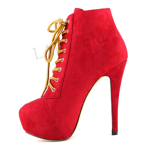 Faux Suede High Heels Lace Up Short Boots Ladies Shoes Woman Botines