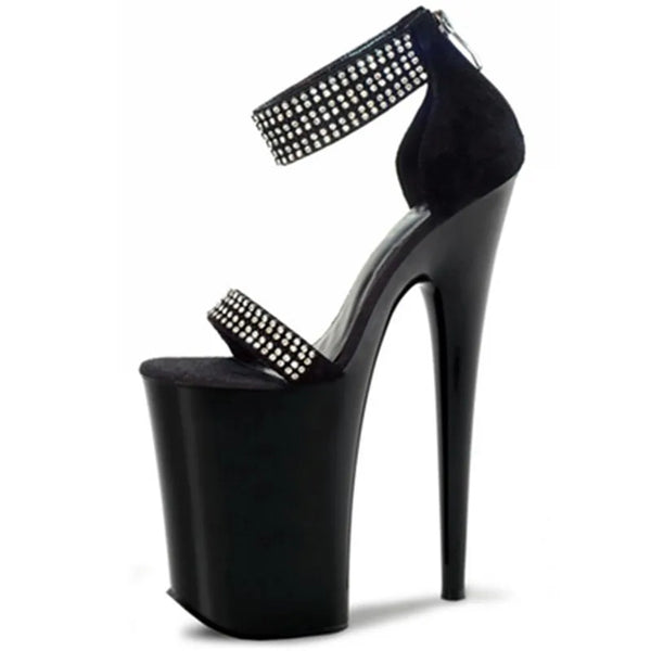 Sandalias de tacón súper negras con lentejuelas de 20 cm para el escenario.