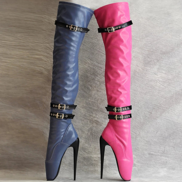 New Arrive 7" Super High Ballet Heel Stretch PU Buckle Strap Pointed toe Over-the-Knee Thigh Long Boots