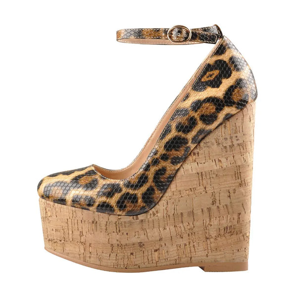 Women Leopard Print Wedges Platform Sandals Round Toe Shoes
